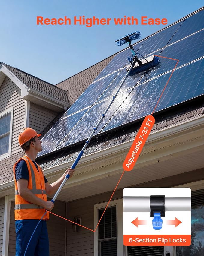VEVOR Solar Panel Cleaning Kit, 33 ft, Water Fed Pole Kit with Cleaning Brush, Soap Dispenser, Extendable Aluminum Telescopic Pole, 180° Rotatable Brush Head, for Roof Mounted Solar Panels, Windows