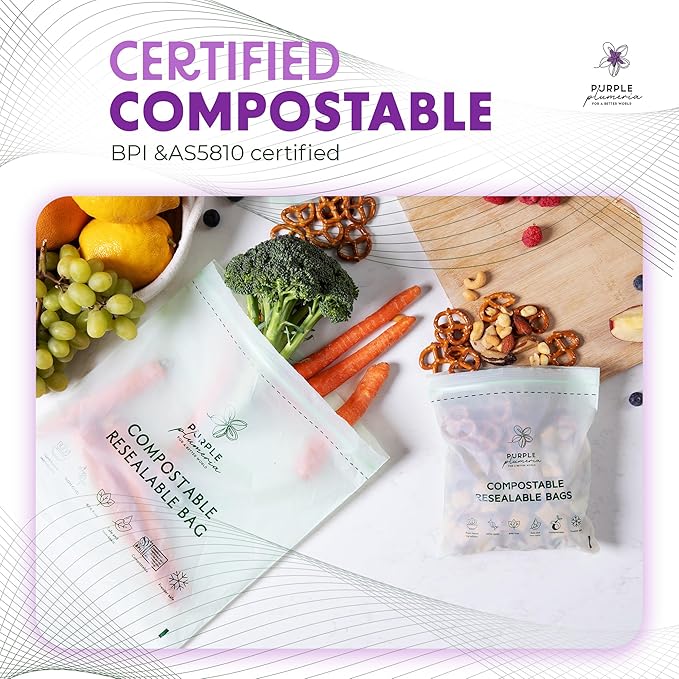 100% Certified Compostable kitchen Bags 230 Count, Resealable BioBased, Leak Proof, Freezer safe, 80 Snack, 80 Sandwich, 50 Quart, 20 Gallon Bags (Variety Pack) | Biobased, Leak-Proof, Durable, Freezer-Safe, Extra Strong