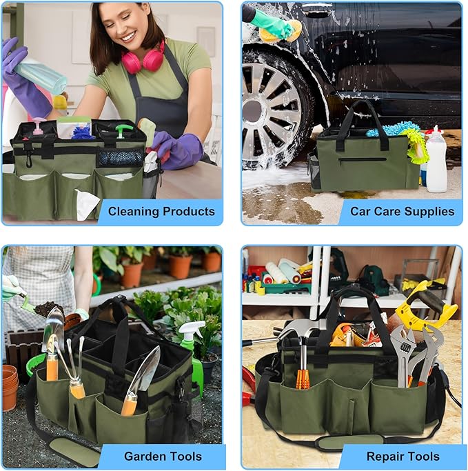 Wearable Cleaning Caddy Bag, Kitchen Supplies Organizer with Handle&Shoulder Strap, Under Sink&Car Cleaning Tool Tote with 4 Foldable Dividers for Housekeepers Cleaners (Army Green)