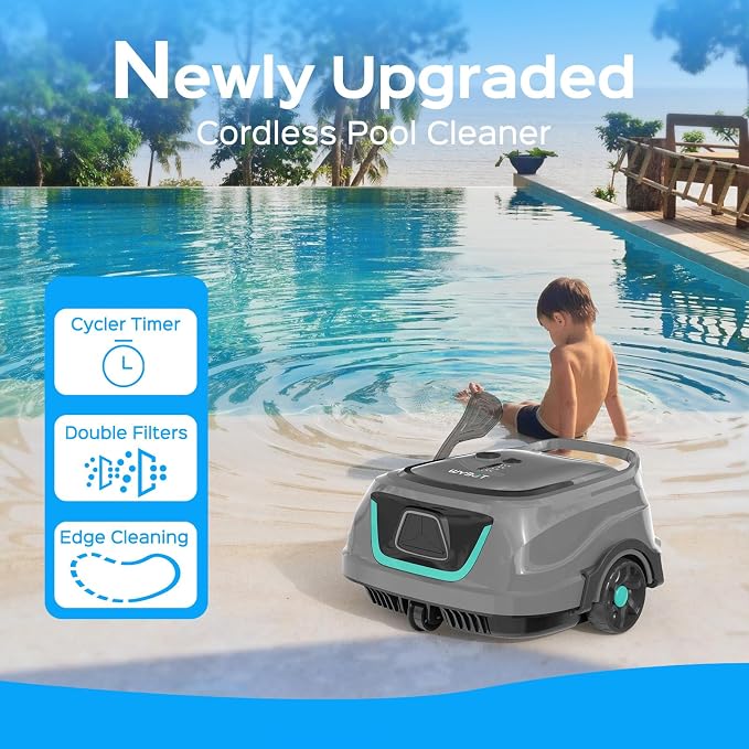 WYBOT A1 Robotic Pool Cleaner – Dual Layer Filtration, Strong Suction, 130 Mins Runtime, Robot Pool Vacuum for Above Ground & Flat Pools up to 1100 Sq. Ft., 4 Cleaning Modes (Tech Grey)