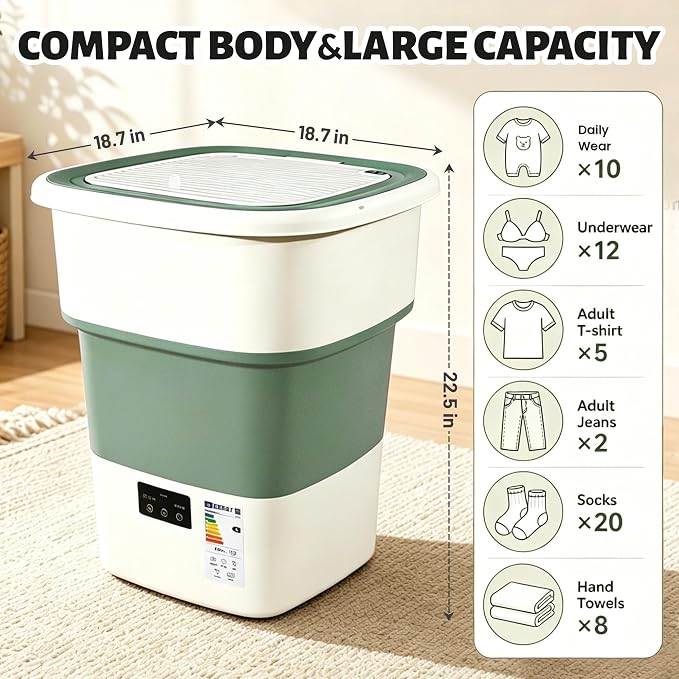 Portable Washing Machine, 50L Large Capacity Foldable Mini Washer with Spin Basket, Adjustable Wash 2–10 Min & Spin 1–6 Min Timer, for Apartment, RV, Camping, Dorm, Travel (Green)