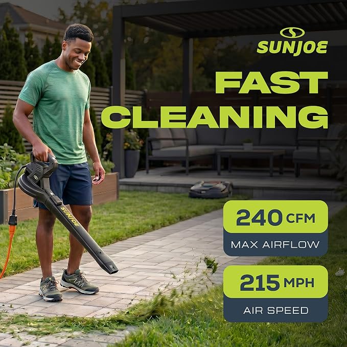 Sun Joe SBJ601E 120V 2-Speed Electric All-Purpose Blower with 100A Motor, 215 MPH Air Speed, and 240 CFM Airflow, Includes Concentrator Nozzle | 215 MPH Air Speed, and 240 CFM Airflow, Includes Concentrator Nozzle