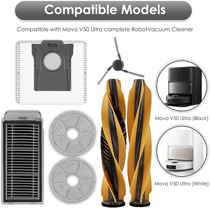 (26 Pack) V50 Ultra Complete Replacement Parts for Mova V50 Ultra Complete Robot Vacuum Cleaner, 2 Roller Brushes, 7 Mop Pads, 5 HEPA Filters, 6 Dust Bags, 6 Side Brushes, Accessories Kit