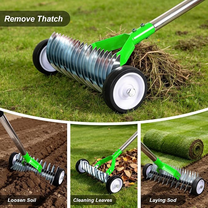 Thatch Rake, Adjustable Garden Rake Head and 38"–65" Handle with Wheels, 21 & 11 Dual-Sided Steel Tines, Heavy-Duty Lawn Dethatching Rake for Grass, Soil Loosening，Landscape and Lawn Care（Green）