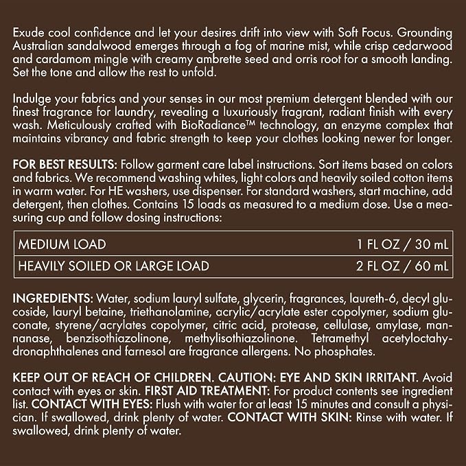 The Laundress Soft Focus Luxury Laundry Detergent, Long-Lasting White Santal Fragrance up to 7 Days of Scent, BioRadiance Enzyme Technology, Keep Clothes Vibrant for Longer, USDA Biobased, 15 Loads
