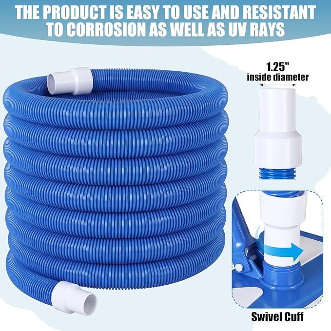 4 Pcs Pool Cleaning Kit 4-in-1 Above Ground Pool Maintenance Include 1-1/4" x 16 ft Vacuum Hoses with Weighted Vacuum Head Connect 1-1/4" or 1-1/2" Hose Brush Skimmer Net, Not Include Pole
