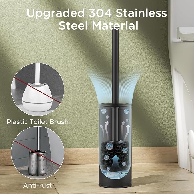 Toilet Brush and Holder Set, Toilet Bowl Brush with Heavy Duty 304 Stainless Steel Base and Extra Long Handle, Toilet Bowl Cleaners Brush for Bathroom (Matte Black)