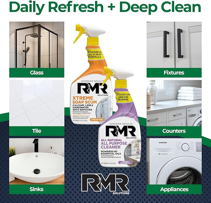 RMR Clean Slate System – Xtreme Soap Scum Remover + All Natural All Purpose Cleaner, 2-Step Bathroom & Household Cleaning Bundle for Shower, Tub, Tile, Glass & Surfaces, 2–32 Oz Bottles