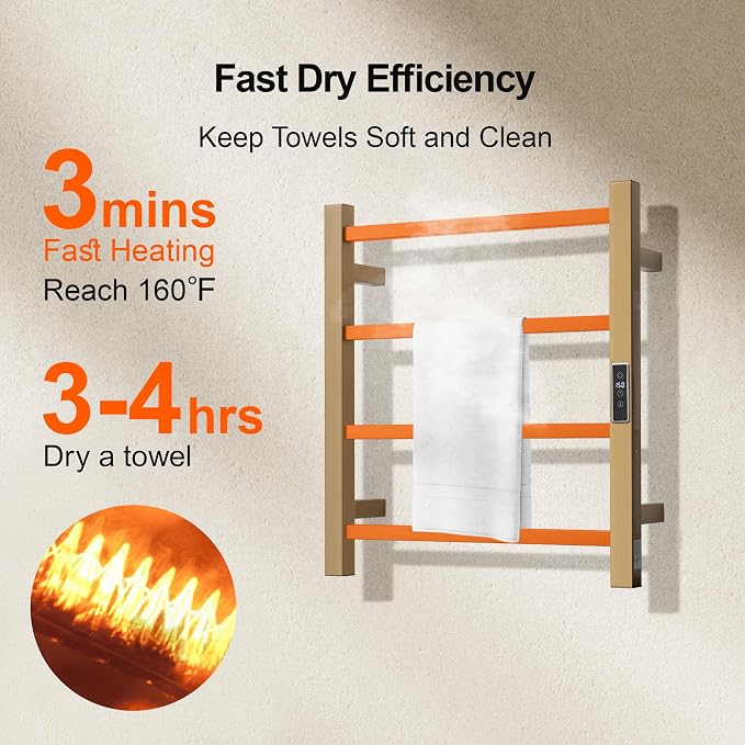 Electric Heated Towel Warmer - Wall Mounted Bathroom Towel Rack, Plug-in Design & Gold Brushed Stainless Steel Finish Gold with Timer & Temperature Control, 4 Bar