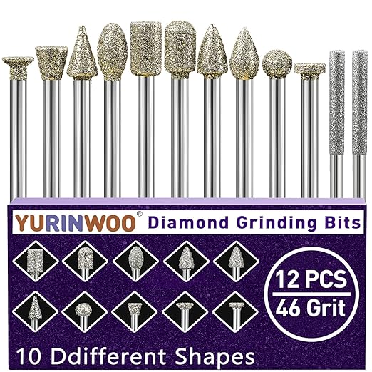 46Grit Diamond Grinder Bit 1/8" Shank Compatible with Dremel Rotary Tool, 12Pcs Stone Carving Diamond Drill Bits for Carve Engrave Polish Wood Resin Porcelain Ceramic Quartz Metal