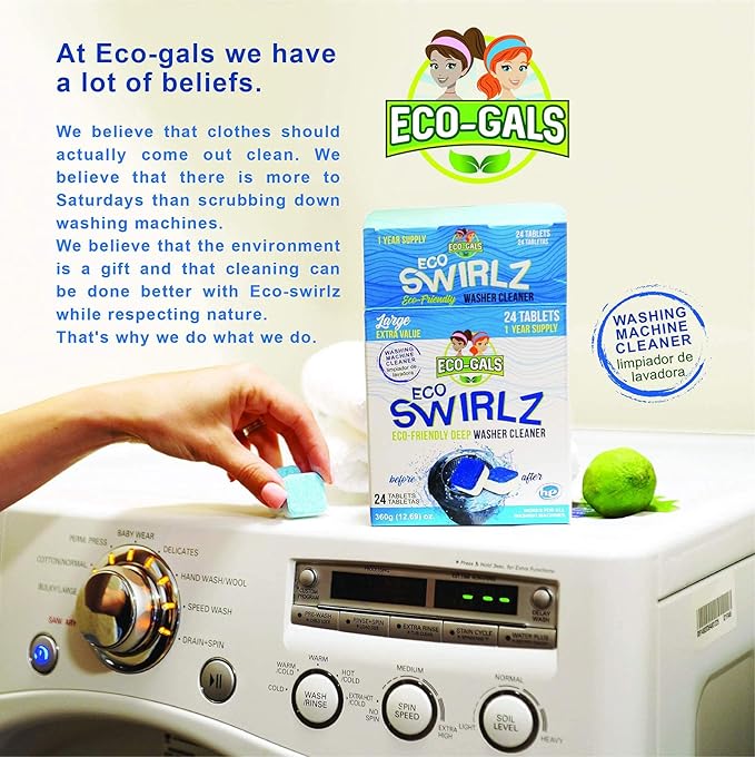 ECO-GALS Eco Swirlz Washing Machine Cleaner For Top and Front Load Washers 1 box of 24 Tablets With Eco Spinz Disposal Cleaner & Odor Eliminator in Dual Scents 1 Box of 6 orange and 6 Lemon