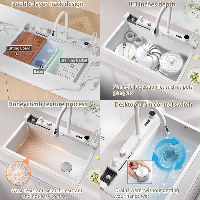 29.5 inch White Smart Digital Display Waterfall Sink, 304 Stainless Steel Modern Kitchen Sink with 5 Water Outlet Modes, Waterfall Pull-Out Faucet, Cup Washers and Accessory Set