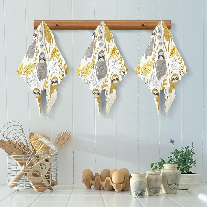 Cartoon Sloths Leaves White Kitchen Towels Dish Cloths Set of 6 Microfiber Cleaning Cloths for Cars Super Absorbent Machine