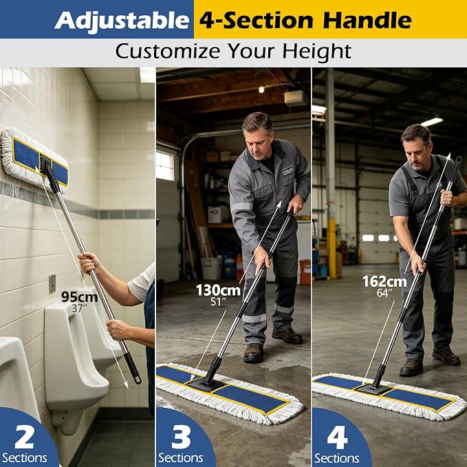 MASTERTOP 40" Commercial Dust Mop for Floor Cleaning, Heavy Duty Flat Mop | Industrial 64" Long Handle Push Broom with 2 Cotton Pads for Hardwood, Tile, Laminate, Concrete, Warehouse & Gym Cleaning