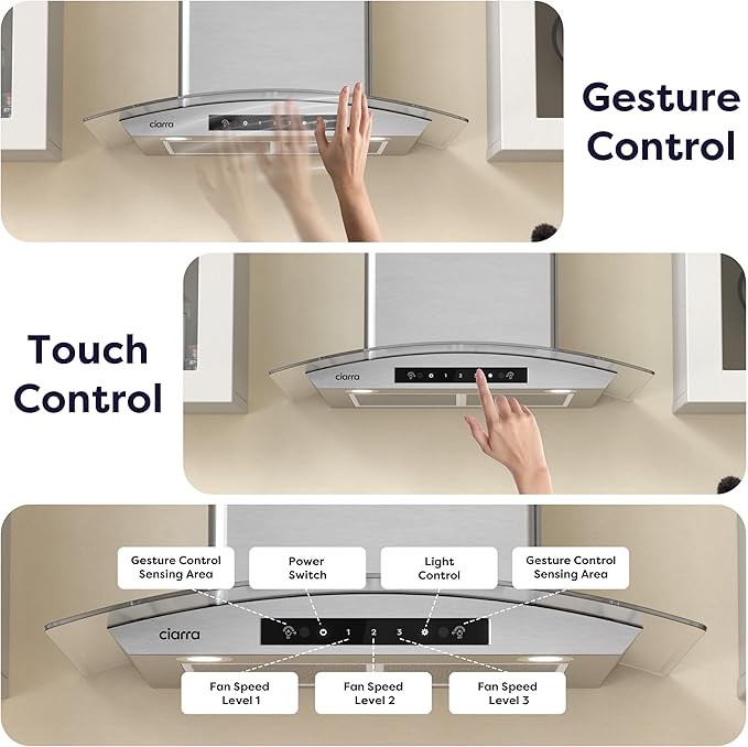 Wall Mount Range Hood 30 inch with Soft Touch Control in Stainless Steel & Tempered Glass, Stove Vent Hood for Kitchen with 3 Speed Fan, Permanent Filters, Ductless Convertible Duct, CIARRA CAS75502