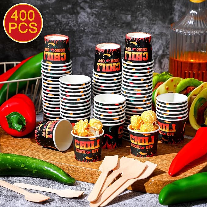 Teenyyou 400 Pcs Chili Cook off Party Decorations, 200 Pcs 2 oz Mini Chili Cookoff Paper Cups and 200 Wooden Spoons Pepper Cook off Parties Decorations for Competition Prize Party Cooking Supplies