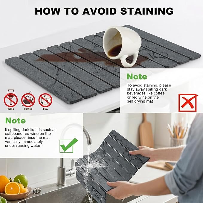 Stone Drying Mat for Kitchen Counter, Quick Diatomaceous Earth Mats for Dishes, 23.6"L x 15.7" W Super Absorbent Fast-Drying Collapsible Countertop Stone Mat (Marble Grey, 24" x 16")