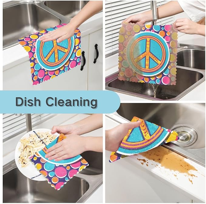 JIPONI 6 Pack Kitchen Dishcloth, Peace Sign Absorbent Kitchen Towels for Dishes, Fast Drying Microfiber Dish Rags, 11x11 inch
