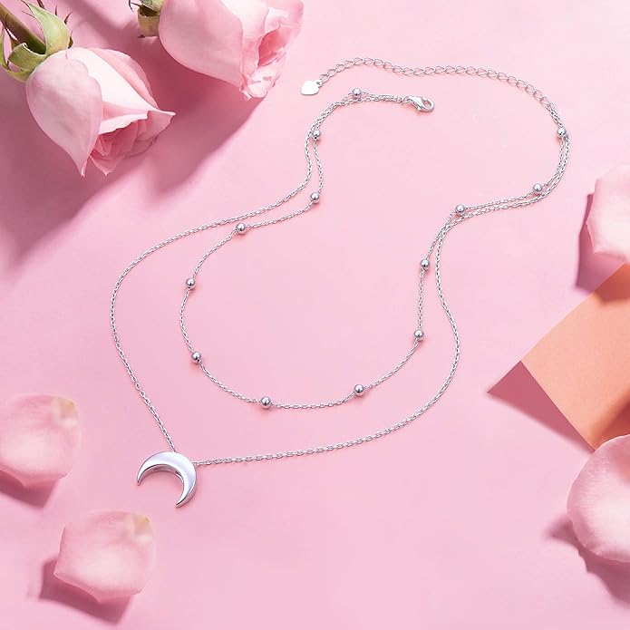 FLYOW Layered Choker Necklace S925 Sterling Silver Star Full Moon Daisy Flower Pendant Disc Jewelry Adjustable Clavicle Necklaces for Women Girls Birthday Gifts