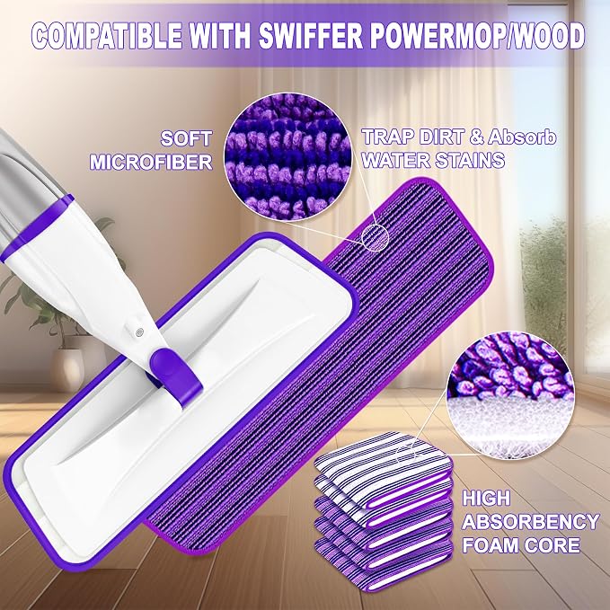 Spray Mops for Hardwood Floor Cleaning: EXEGO Wet Mops with 5 Microfiber Refillable Pads for Swiffer Powermop - Floor Mop with Sprayer Dust Dry Mopping Tools for Tile Wood Laminate Vinyl Marble