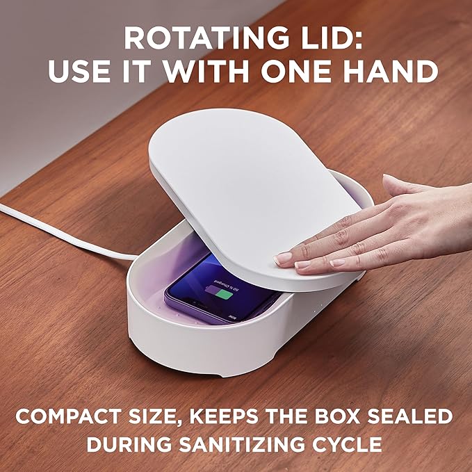 Lexon UV Phone Sanitizer Machine & Wireless Charger - OBLIO Box QI Fast Charging and 360° UV-C Light Cellphone Cleaner, Glasses, Keys, Makeup Brush, Tools, All that Fits in - White