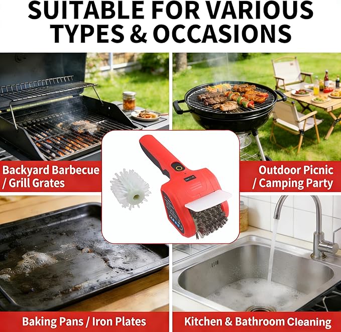 TOOLSPACE Cordless Electric Grill Brush, Rechargeable Grill Cleaner with 2PCS 360° Rotating Brush Heads, 700 RPM Powerful Cleaning for Outdoor Grills, Griddles & Barbecues