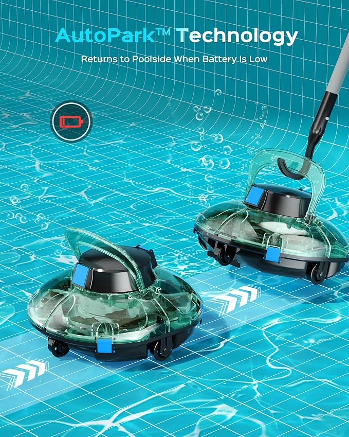 (2026 Upgrade) Cordless Pool Vacuum for Above Ground Pool, Automatic Pool Cleaner Robot Cleaning Up to 660 sq.ft, Dual-Layer Filtration, 90 Mins Runtime, Self-Parking, with Hook (Tech Green)