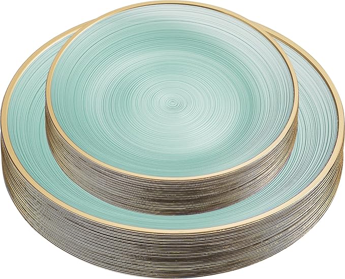 PLASTICPRO 128 Pieces Crystal Design Plastic Plates Combo Pack 7 inch and 10 inch Gold Rim Elegant Disposable Plates, Transparent Green