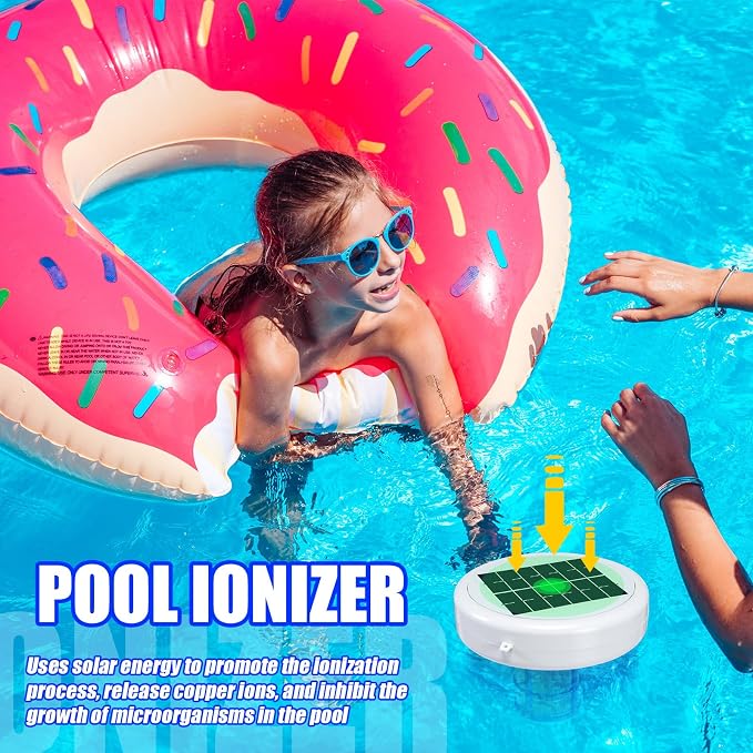 Qualirey Solar Pool Ionizer Automatic Floating Pool Cleaner, Water Ionizer with 4 Pcs Scum Collection Ball, for Above Ground and Inground Pools, up to 35, 000 Gallons(White,7.9 Inch)