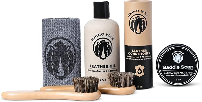Rhino Wax - Horse Tack Kit - Includes: Saddle Soap for Leather & Conditioner - Leather Oil - Brushes - Cloth. Horse Supplies for Saddles, Bridles, Boots, Reins - Proudly Made in the USA (Not China)