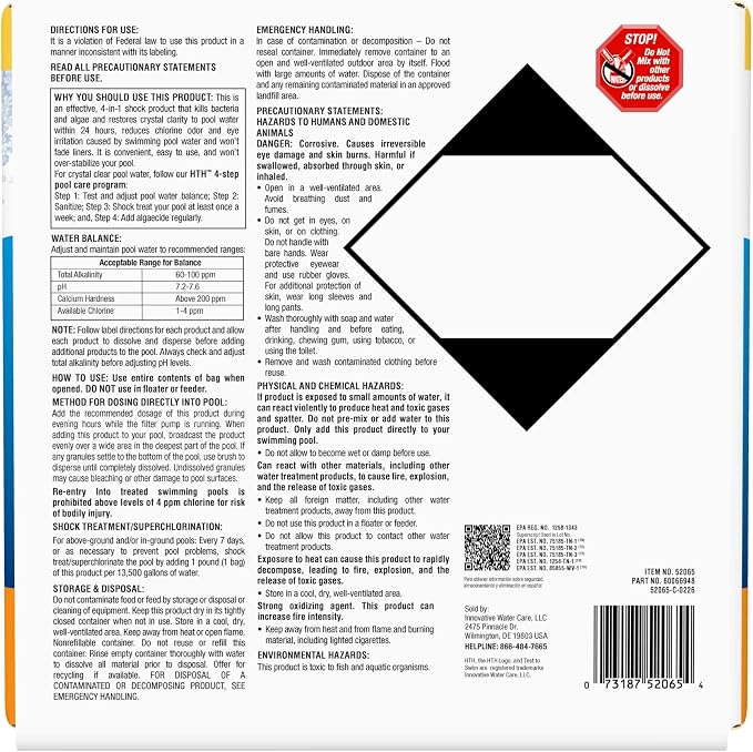 HTH 52065 Pool Care Shock Advanced, Swimming Pool Chemical - Cal Hypo Formula, Prevents Bacteria & Algae, Restores Crystal Clear Water - Shock Treatment, 1lb Packs (24 Packs)