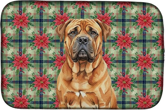 Caroline's Treasures Red Bullmastiff Christmas PoinsettIas Dish Drying Mat Absorbent Dish Drying Mat Pad for Kitchen Counter Dish Drainer Mat for Countertop, 14 x 21", Multicolor