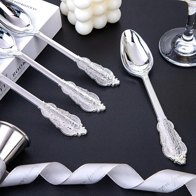 WDF 100 Piece Silver Plastic Spoons Disposable - 6.93 Inch Baroque Silver Silverware for Dessert Cake - Heavy Duty Plastic Spoons for Party Wedding Daily Using Baby Shower Spring