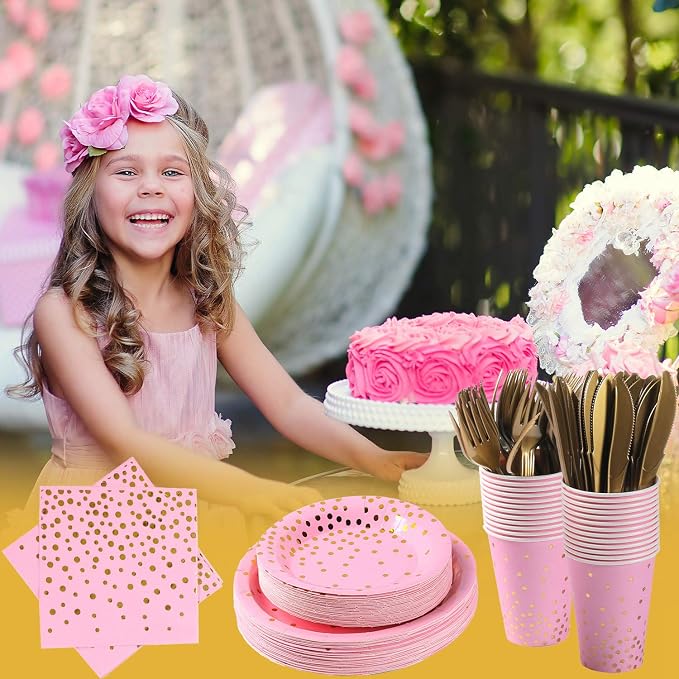 Pink and Gold Party Supplies 145PCS Golden Dot Paper Party Dinnerware Includes Paper Plates, Napkins, Knives, Forks, Cups, Banner, for Bachelorette, Girl Birthday, Baby Shower, Serves 24