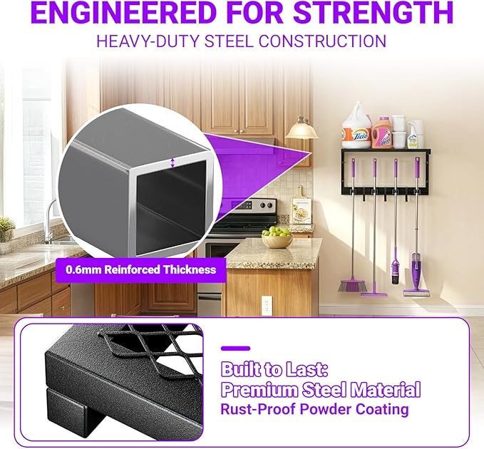 Heavy Duty Broom Holder Wall Mount with Cleaning Supplies Organizer, Space-Saving Laundry Room Organization and Storage Shelves, All-Metal Mop Hanger Broom Rack with Hooks, Garage Organizer Shelf