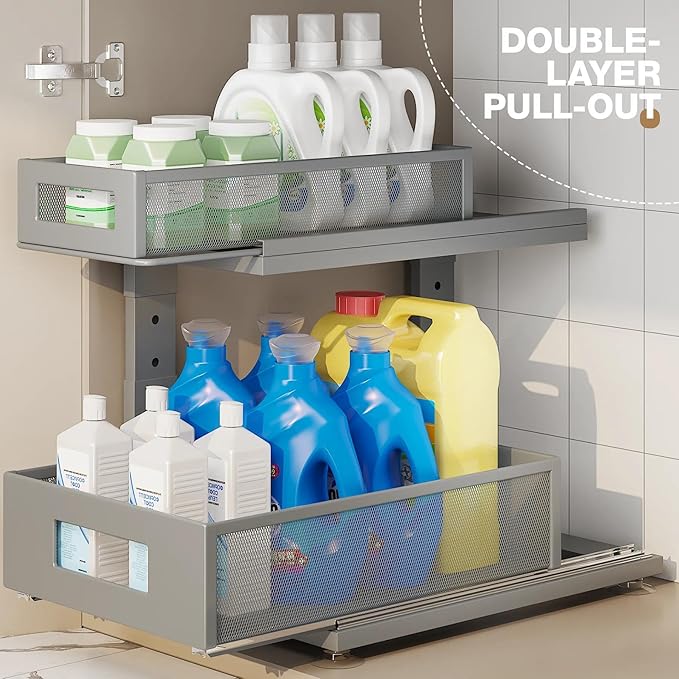 1 Pack 15.74IN-Depth Under Sink Organizer With Next-Gen Ball-Bearing Slides,2-Tier Pull Out Cabinet Storage,Height Adjustable Drawer Shelf for Bathroom,Kitchen,Laundry,Cabinet,Pantry-Gun Gray