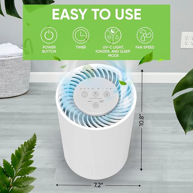 Air Purifier for Home, Baby, Dorm Room - Portable Desktop Air Cleaner for Home - Small HEPA Air Purifier for Bedroom, Baby Room, Dorm, Home Office Desktop with UV light & Ionizer - InvisiClean Stella