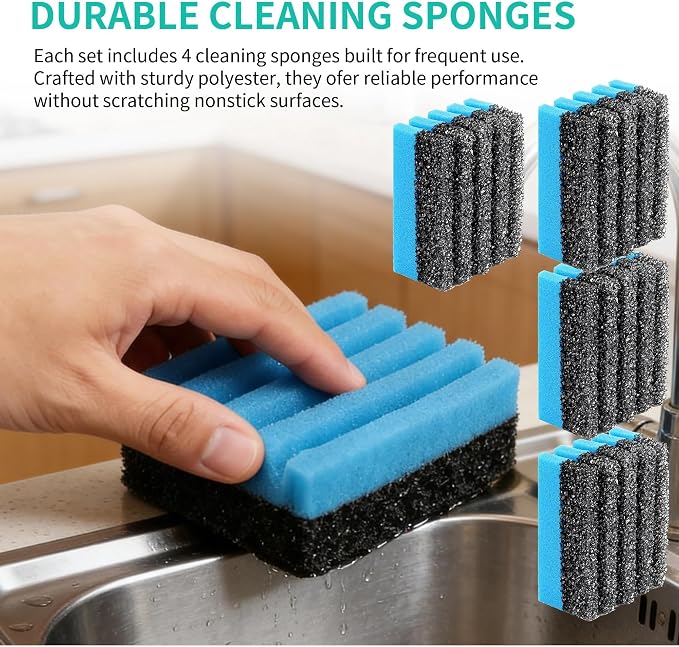4 Pack Grill Cleaning Sponge (12207) + 2 Pack Upgrade Scraper Set - Compatible with George Foreman & Most Indoor Grills with Grooved Plates, Heat-Resistant Nylon Scraper & Non-Scratch Sponge for Easy