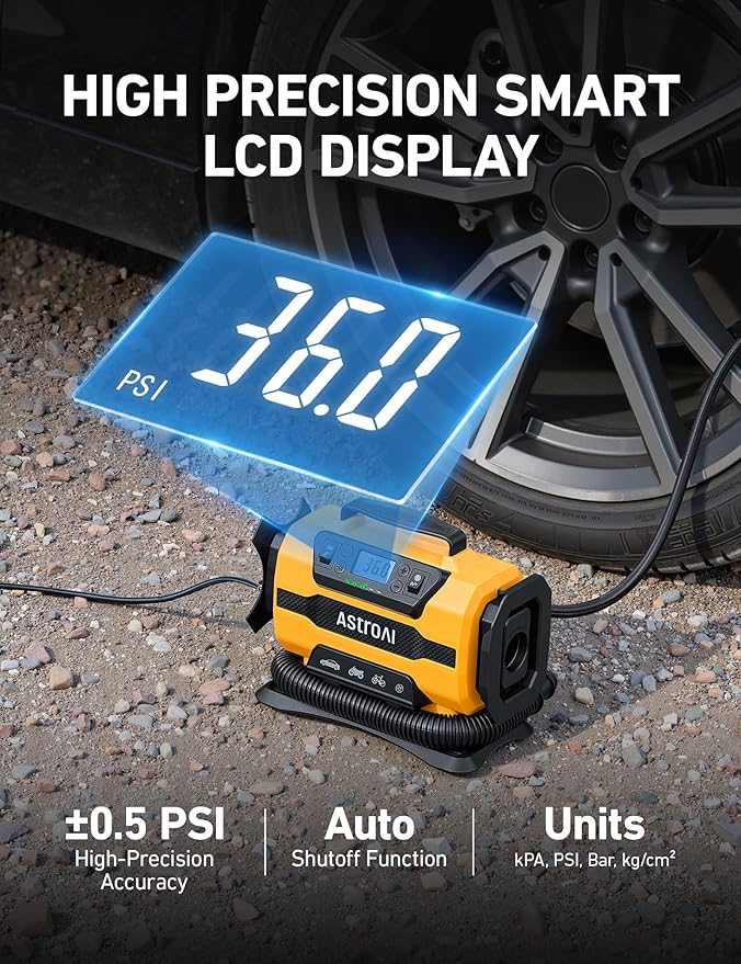 AstroAI Tire Inflator Portable Air Compressor, 150PSI 12V DC/110V AC Air Pump with Dual Metal Motors & LED Light, Two Modes for Car Tires, Bikes, Air Mattresses & Home Use, Compact Design, Yellow