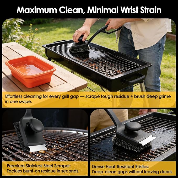 Grill Brush with 3 Detachable Brush Heads & Collapsible Water Cup – Bristle-Free BBQ Cleaner with Scraper, Safe for Cast Iron/Stainless Steel/Non-Stick Grates, 2 Extra Replacement Brushes Included