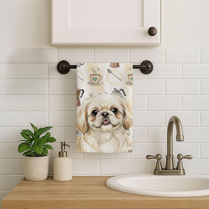 Caroline's Treasures Cream Pekingese Coffee Bar Kitchen Towel Velour Plush Front and Cotton Loop Back Machine Washable