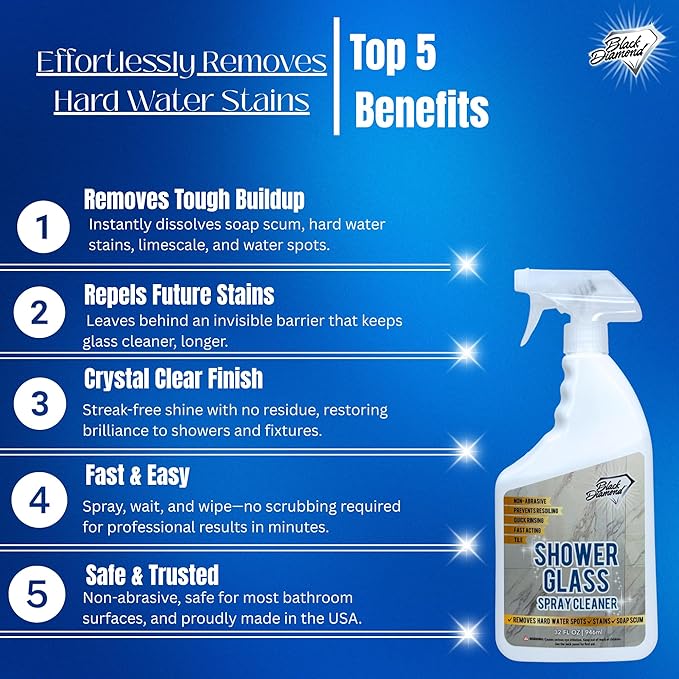 Shower Glass Cleaner – Professional Strength Shower Door & Tile Spray - Removes Hard Water Stains, Soap Scum & Water Spots, Non-Abrasive, Prevents Resoiling (160 Fl Oz (Pack of 1))