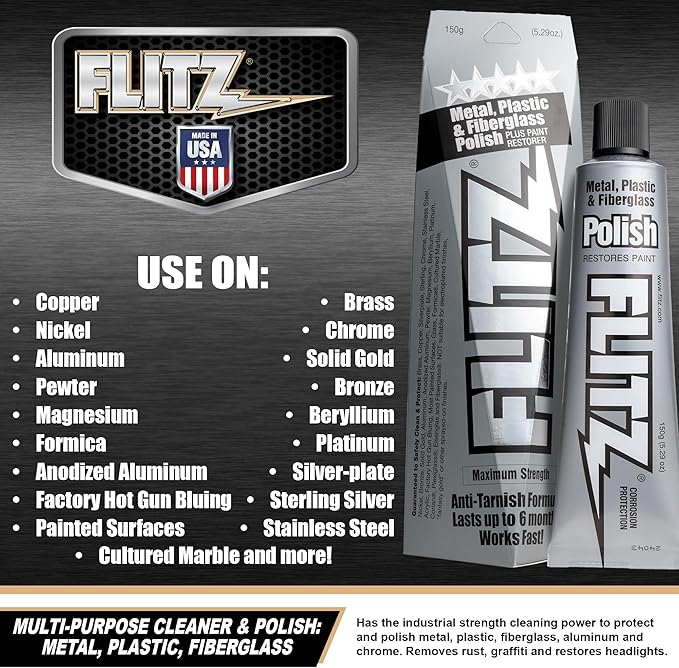 FLITZ Brass and Copper Restoration Kit - 16oz Tarnish Remover, 5.29oz Metal Polish Paste, 16" x 16" Microfiber Cloth and 2" Drill-Attachable BuffBall with 1.76oz Metal Polish Paste