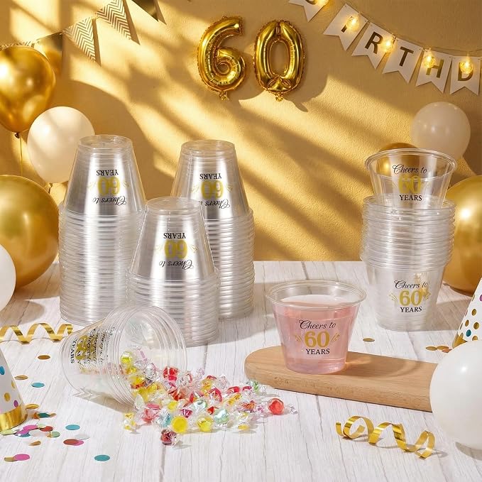 LemonRoad 100 Pack 60th Birthday Cup 9 oz Cheers to 50 Years Birthday Disposable Clear Plastic Cocktail Cups Hot Cold Beverage Drinks for Men Women Wedding Anniversary Decorations Party Favors