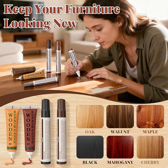JTIEO Set of 33 - Wood Furniture Repair Kit,Touch Up Markers, Wood Fillers & Putty - Repair Scratch, Cracks, Hole, Discoloration for Wooden Door, Floor, Table, Cabinet