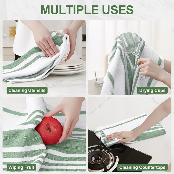 Homaxy Premium Kitchen Towels 18”x 28”, Large Cotton 380 GSM Kitchen Hand Towels, Stripe and Terry Dish Towel, Highly Absorbent Tea Towel Set with Hanging Loop, 3 Pack, Grass Green