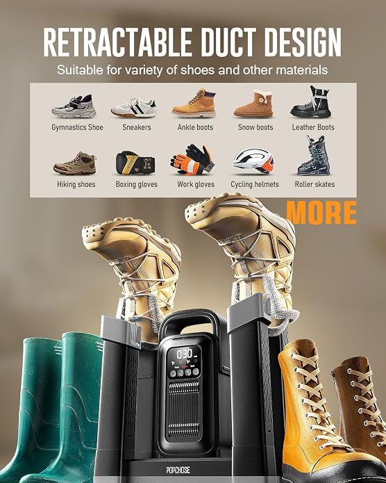 POPCHOSE Boot Dryer with Ozone Deodorizer, 1.5H Fast Drying Shoe Dryer, Silent & Adjustable Timer, Forced Heat Boot Warmer