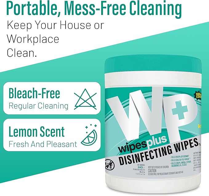 WIPESPLUS Disinfecting Surface Wipes Canister Bleach Free with Lemon Scent for Home and Business, 2880, (12 Packs of 240)