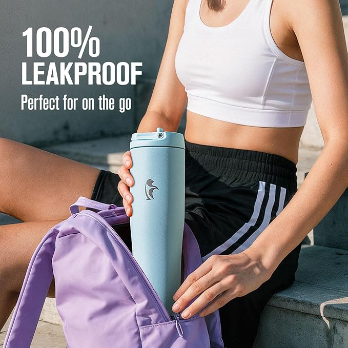 Coolflask Water Bottle 40 oz Fits Car Cup Holder, Slim Tumbler Stainless Steel with Straw & Handle, Vacuum Flask Leakproof Wide Mouth for Travel Sports Gym, Blue