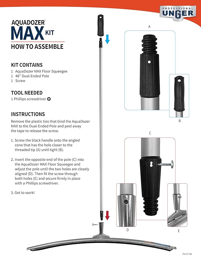 Unger Professional AquaDozer Max Kit, 36” Smooth Surface Curved Floor Squeegee and 48” Dual End Pole, Rubber Blade Scrubber and Broom for Concrete, Asphalt, and Tough Cleaning Jobs